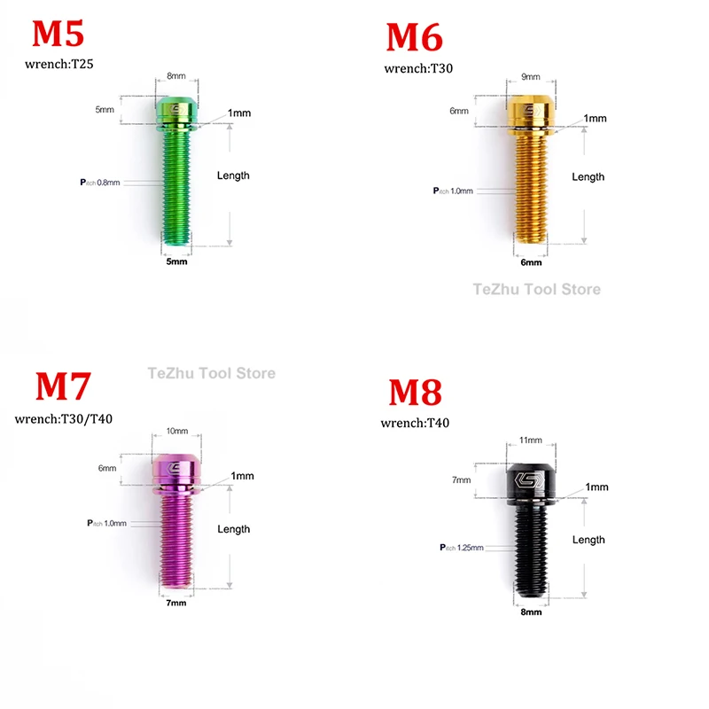 1pc Titanium Bolt M5 M6 M7 M8 X 10 12 14 16 18 20 25 30 55mm Inner Plum With Washer For Bicycle Disc Brake Bike Accessories