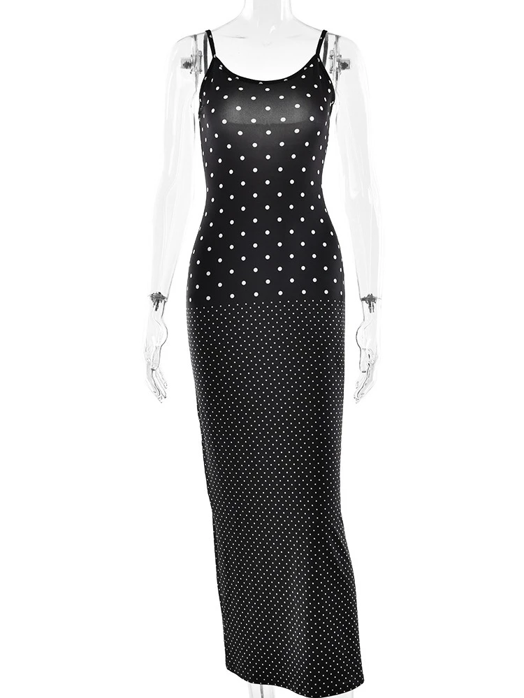 XIAOTANG Spaghetti sangle à pois dos nu Sexy robe Maxi femmes élégant col carré sans manches moulante Club fête longue robe
