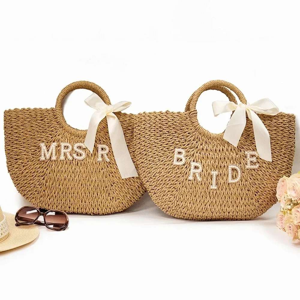 Benutzer definierte Strohs äcke mit Brief Strass Frauen Urlaub Strand Einkaufstasche Hochzeit Braut dusche Braut Stroh korb Flitter wochen Geschenk