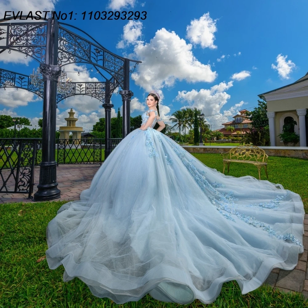 

EVLAST индивидуальное мексиканское синее бальное платье Quinceanera платье с цветочной аппликацией и бисером корсет Sweet 16, Vestidos De 15 Anos E1QN219