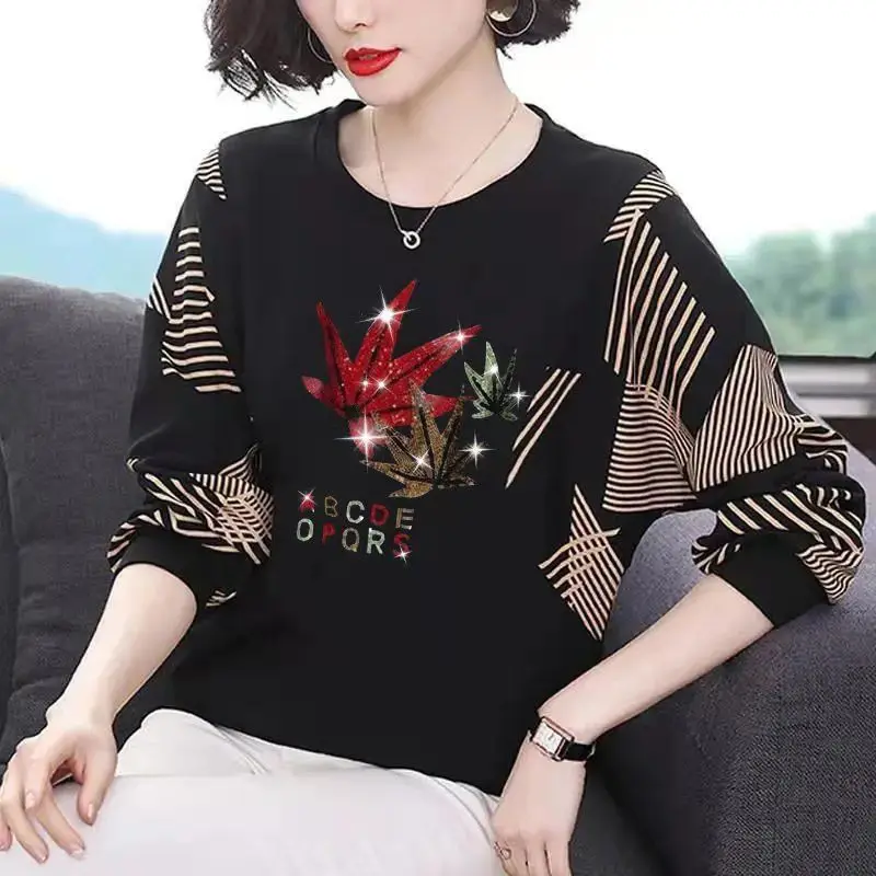Women's O-Neck Long Sleeve Oversized Pullovers, Elegant Fashion, Diamonds, Batwing Sleeve, Women's Clothing T-Shirt, Spring,