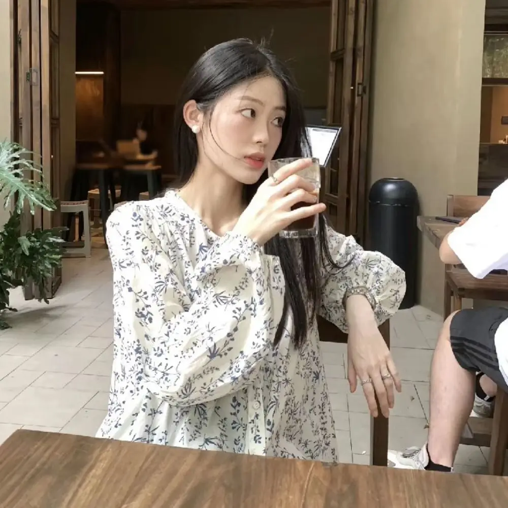 

Модная милая блузка с пышными рукавами, свободная повседневная рубашка с цветочным принтом, топ Ins, рубашка-кардиган в стиле ретро, женская весна-лето