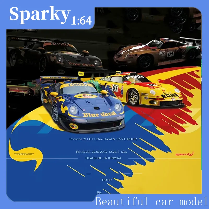 

Sparky 1:64 Porsche 911 GT1 Blue Coral & 1997 D ROHR (Tiny Exclusive) Alloy Premium Static Collectible Car models