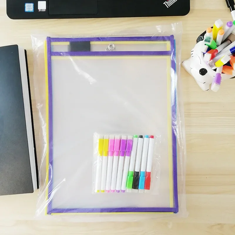 3Bags+3Pens Can Be Reused with PVC Transparent Dry Brush Bag PET Writing Dry Wipe Bag Drawing Toys for Children Kids Baby