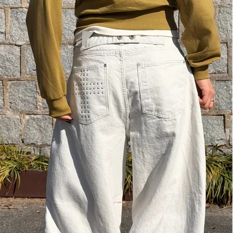 

Свободные широкие повседневные брюки с высокой талией, асимметричные хлопковые джинсы, однотонные, с заклепками, удобные, весна-лето-осень