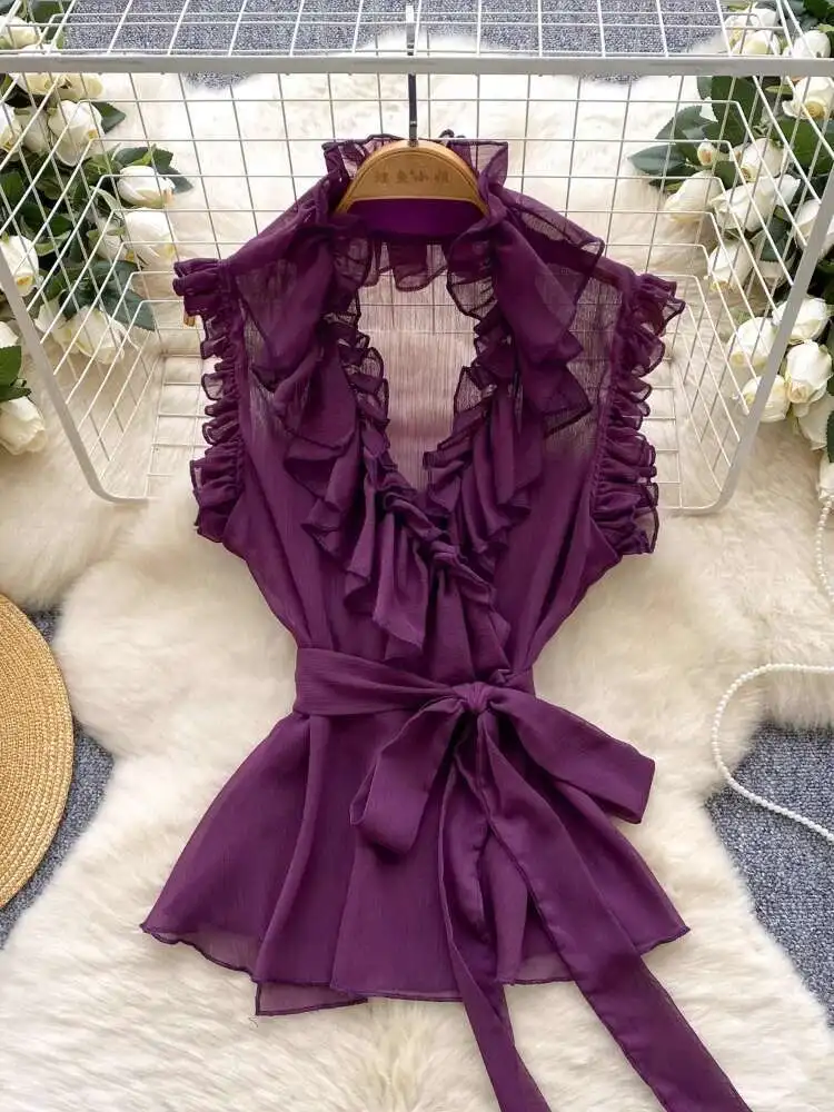 

Women Sexy V-neck Blouse Summer Ruffle Splicing Strap Sleeveless Chiffon Shirt Ladies Elegant Office Shirts
