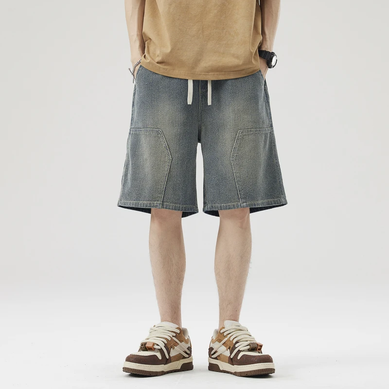 ผู้ชายฤดูร้อน DENIM กางเกงขาสั้นสินค้าหลวม Fit ขาตรง Distressed ล้างความยาวกลาง Casual VINTAGE กางเกงขาสั้นหลายกระเป๋า