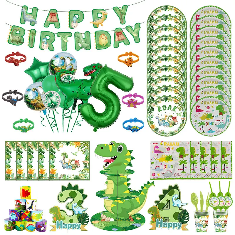 Suministros de decoración para fiesta de cumpleaños de dinosaurios, bolsas de regalo verdes de Safari de la selva, vasos de papel, platos, globos de