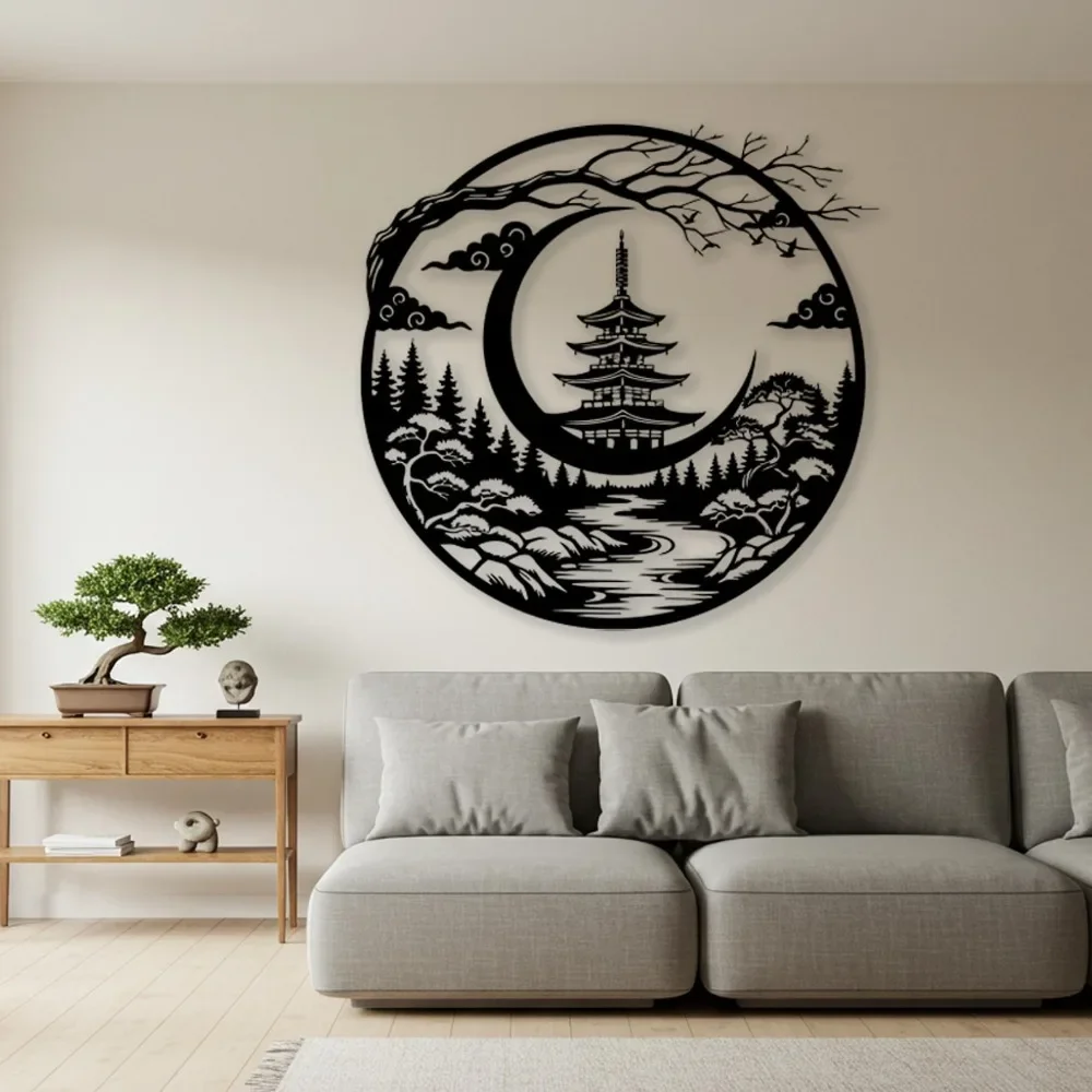 CIFBUY 1pc Japanese Pagoda Metal Wall Art, Zen Landscape Iron Mural, Powder-Coated Rustproof Waterproof Hanging Ornament