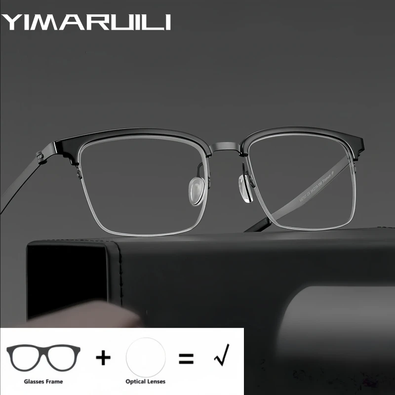 YIMARUILI Men's Half-Frame Optical Prescription Glasses Business Pure Titanium Myopia Blue Light Blocking Anti-UV Recipe Eyewear