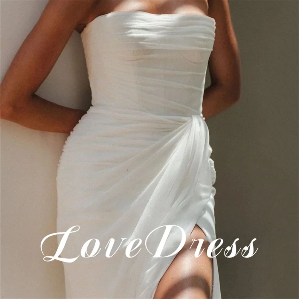 Love Elegant Strapless Tulle Mermaid Pleating Sleeveless Wedding Dresses Sexy High Side Slit Backless Floor Length Bridal Gowns