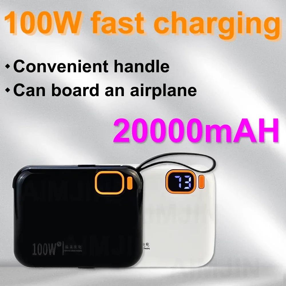 แบตสำรองพกพา100W 20000mAh สายเคเบิ้ลความจุสูงชาร์จเร็วสองทางมินิพาวเวอร์แบงค์สำหรับ iPhone Samsung ใหม่