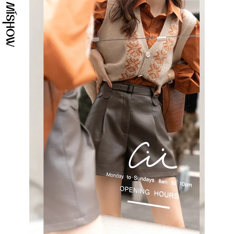 MISHOW 2021 Autumn Shorts For Women Leather Short Pants High Waist Wide Leg Short Trousers Sexy Female Clothing  MXA33K0048