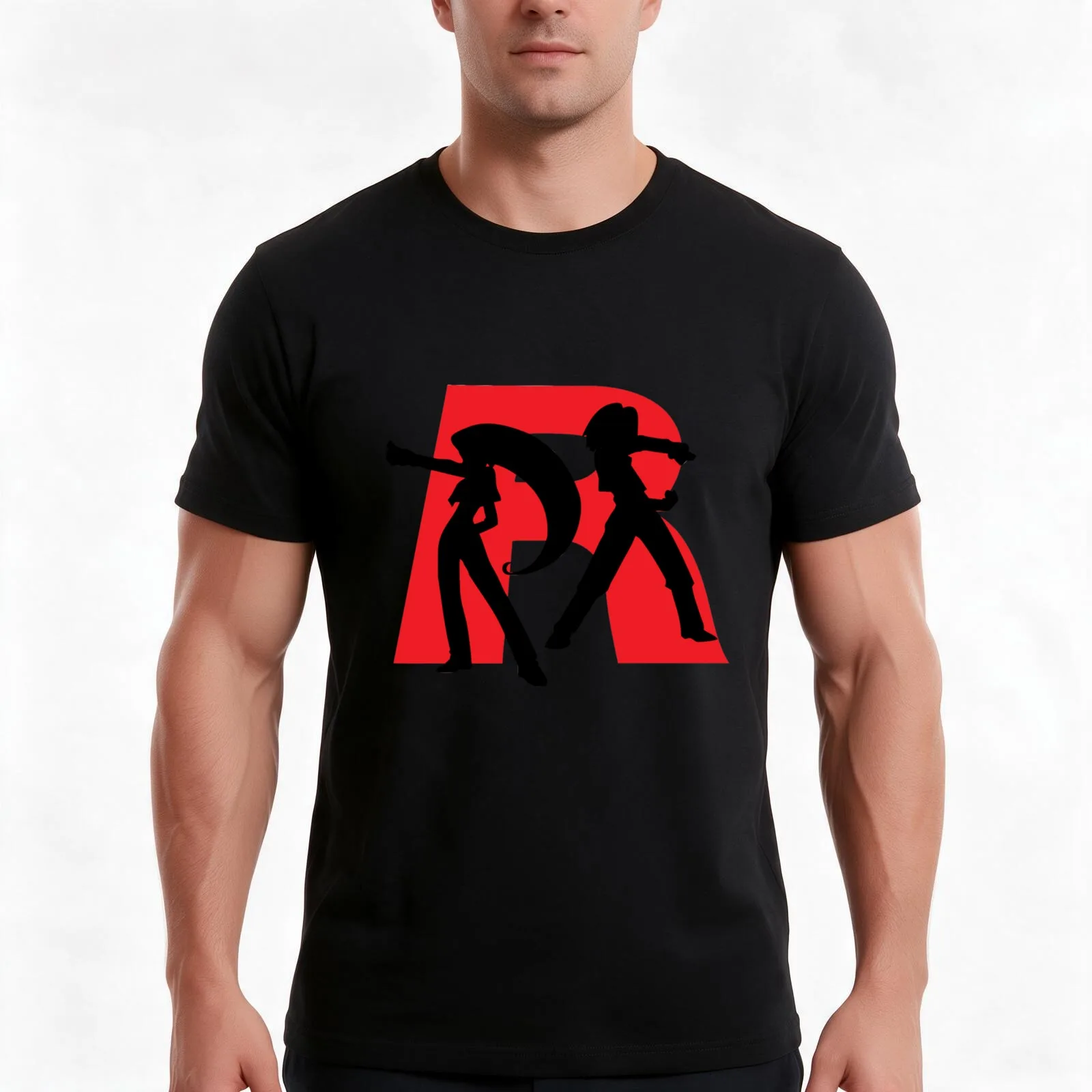 Team Rocket Line art T-Shirt, Summer Casual Cotton Tee, Oversized Streetwear Tops, Vintage Graphic Print, Loose Fit Short Sleeve