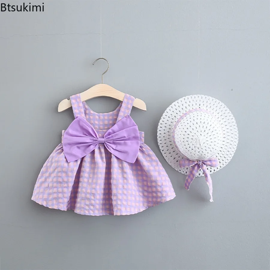 Baby Girl Plaid Cotton Dress Sweet Bow Summer Birthday Party Dress Pre-school Clothing 0-3 Years Old Children's Clothing Set+hat