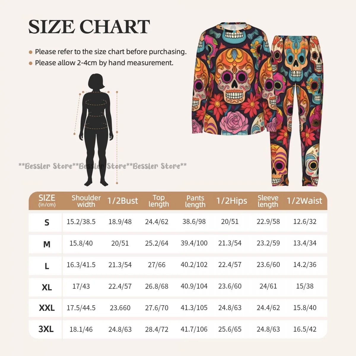 Women Round Neck Pajamas Set Human Skulls With Flowers Long Sleeve Tops + Long Pants 6