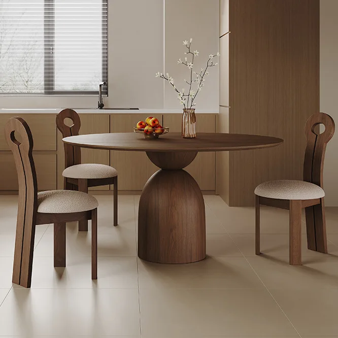 

Medieval solid wood round dining table turntable French retro walnut round table household small apartment designer dining table