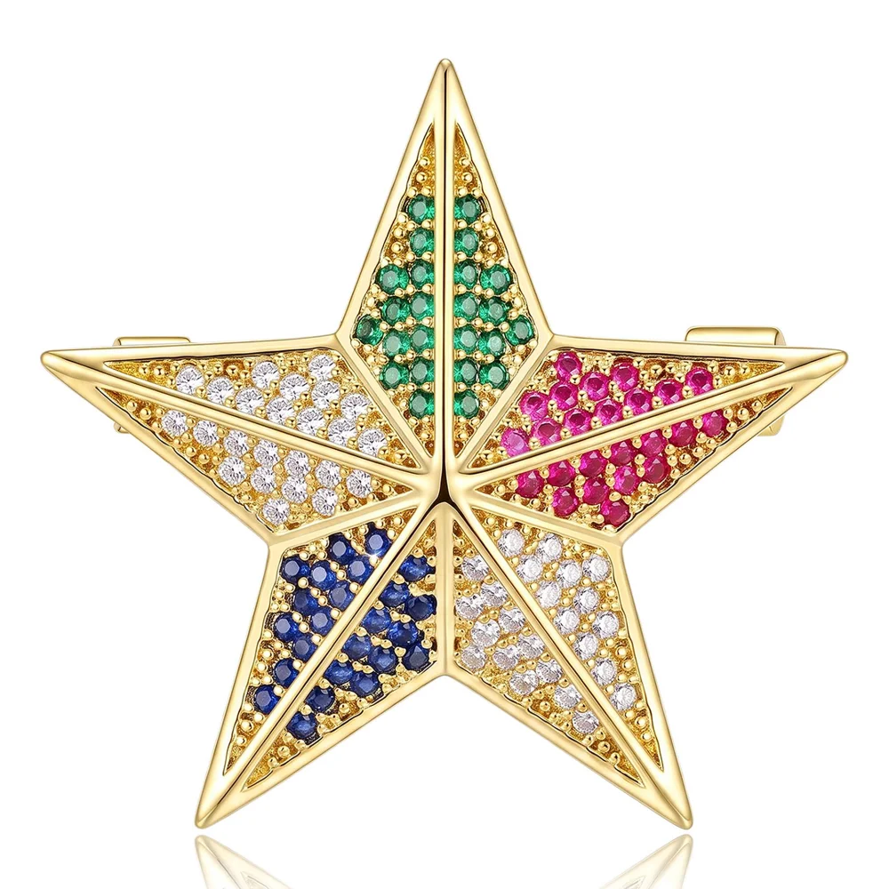 Colorful Rhinestone Five Pointed Star Brooch 14K Solid Gold Silver Crystal Star Lapel Pin Luxury Clothing Decor Brooch