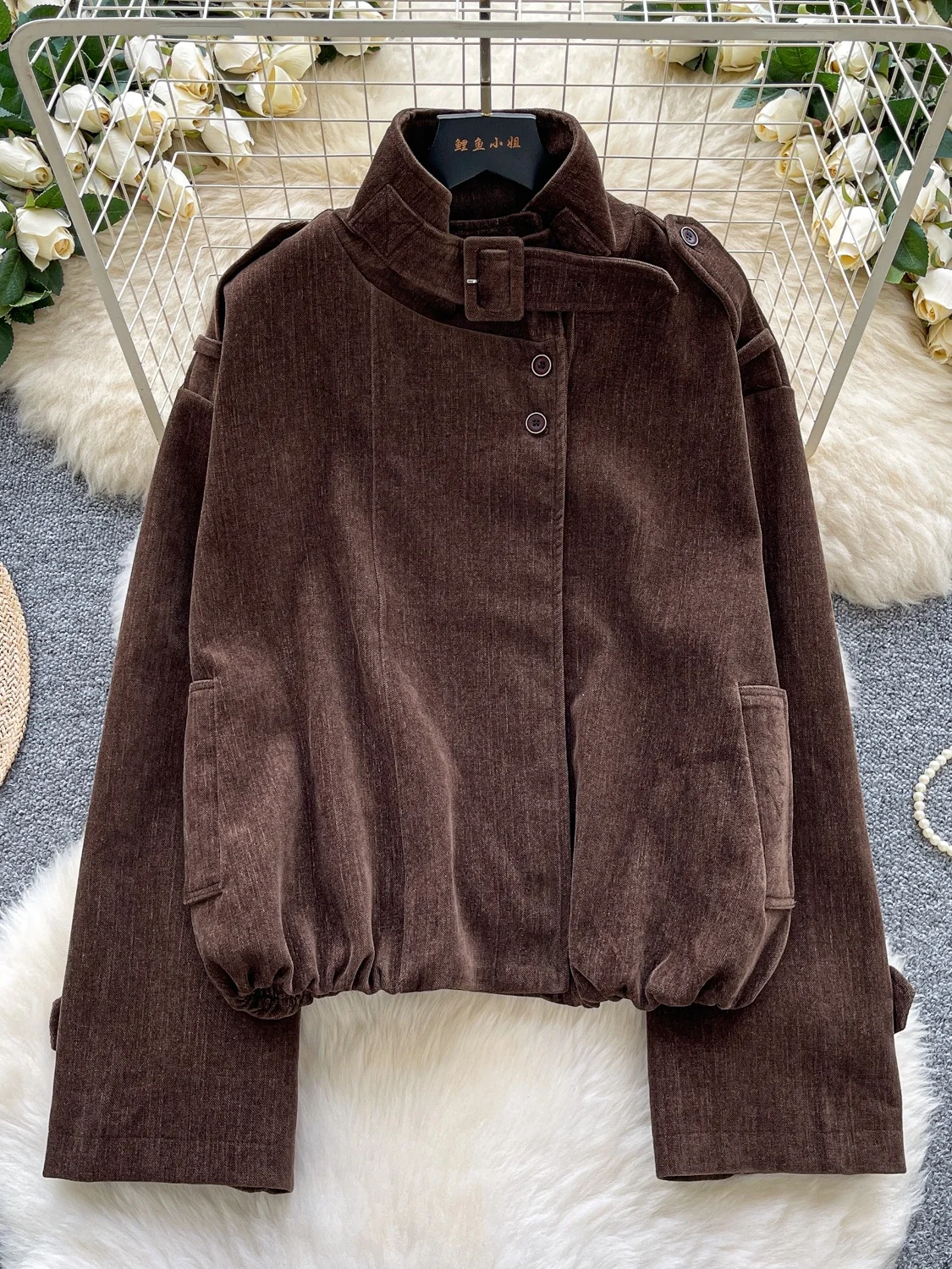 

Loose Long Sve Stand Collar Lazy Sle Casual Jaet Women's Top Dongda Gate Winter Outerwear Button up Coat Fem