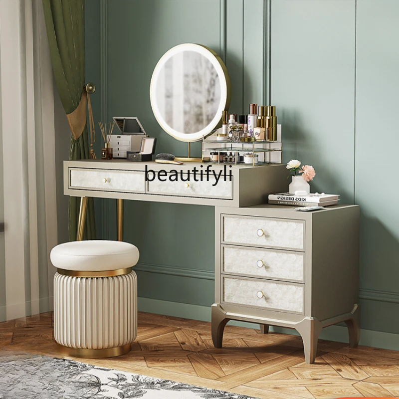 

Light Luxury Dressing Table Cream Style Bedroom Bedside Cosmetic Cabinet Integrated Makeup Table Dresser