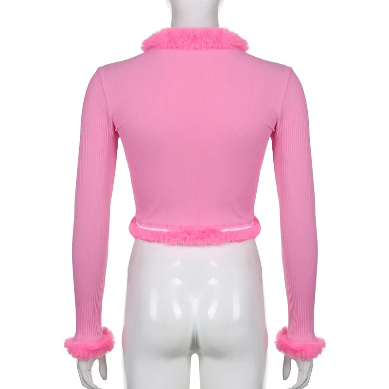 Fashionable Women's Knitted Sweater Cardigan Sexy Fit Faux Fur Trim Long Sleeve Short Top with Tie Slit Y2k Autumn Pullover