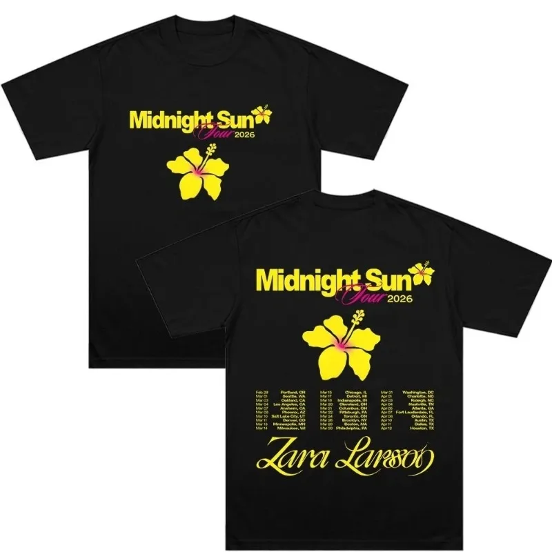 Camiseta Gráfica Zara Larsson Midnight Sun Tour 2026, Merch de Concerto Pop, Streetwear Hibiscus, Camiseta Oversized de Algodão