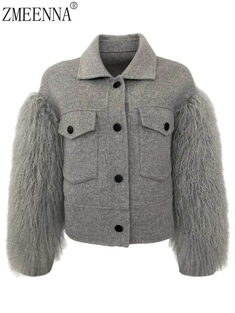 

ZMEENNA Elegant Womens Oversized Fit Short Jacket With Faux Fur Sleeves And Button Down Front Winter Outerwear ZM3645