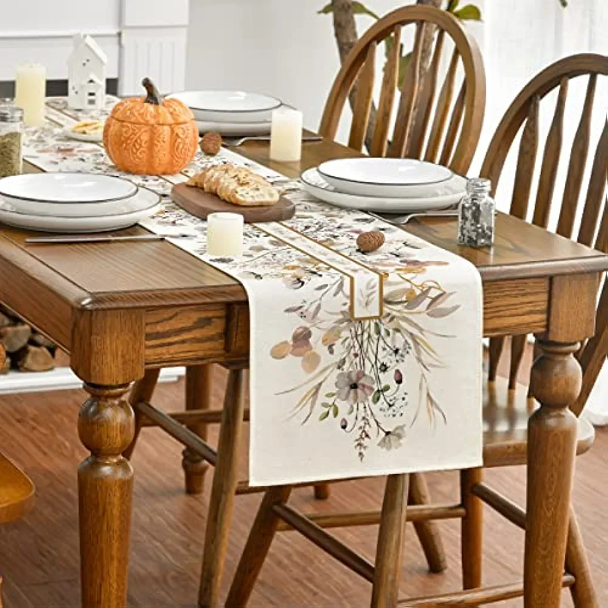Floral Linen Table Runners Thanksgiving Wedding Decoration for Kitchen Home Party Runner Coffee