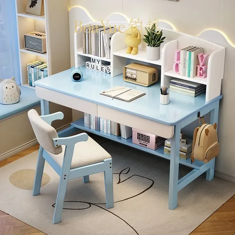 Adjustable Solid Wood Kids Study Desk with Bookshelf Ergonomic Writing Table and Chair Set for Primary School Students
