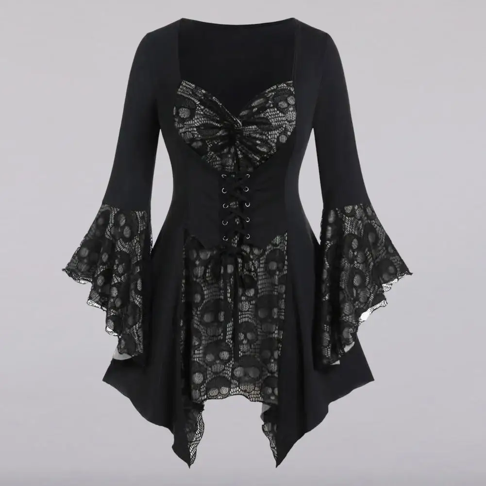 Vintage-inspired Dress Medieval Vintage Bat Sleeves Halloween Cosplay Dress with Irregular Cuff Lace Tie-up Strap Women's