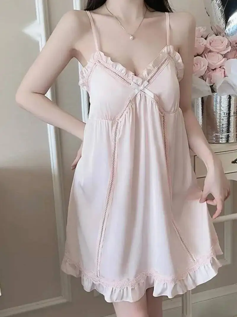 Sexy Women's Dress Deep V Hot With Chest Pads Pure Desire Smooth Satin Bowknot Dress Backless Deep V Suspenders Sleeveless 9SY2