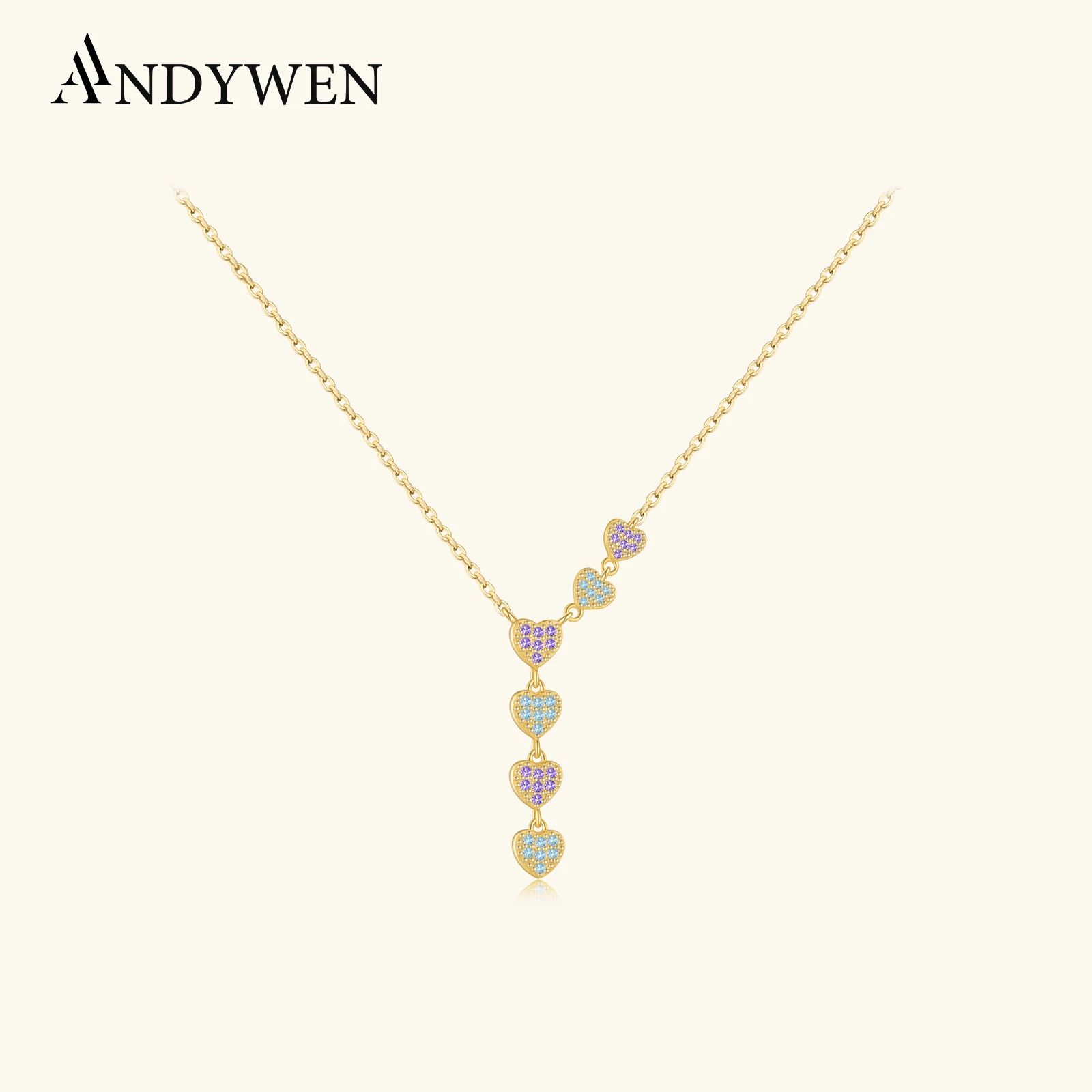 ANDYWEN 925 Sterling Silver Heart Long Pendant Light Blue Purple Zircon Necklace Special Women Fine Jewelry For New Year Gift