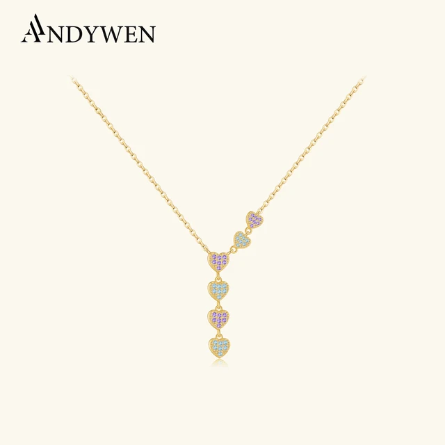 ANDYWEN 925 Sterling Silver Heart Long Pendant Light Blue Purple Zircon Necklace Special Women Fine Jewelry For New Year Gift
