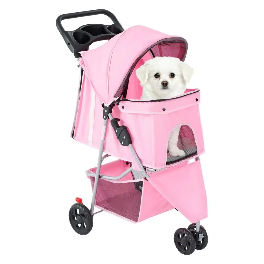 

3 Wheels Pet Stroller, Dog and Cat Strollers, Storage Basket and Cup Holder, Breathable Mesh, Lightweight Travel Carrier, Waterp