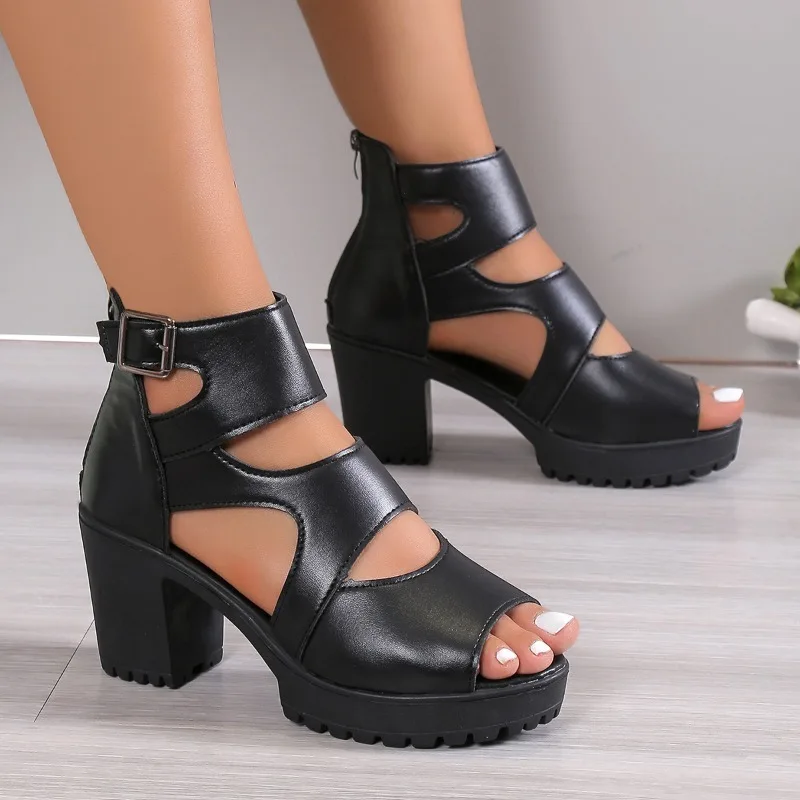 Sandalias de Tacón Alto para Mujer, Sandalias de Plataforma con Hebilla Cuadrada Negra, Tacón Grueso, Cierre Trasero, Sandalias de Verano para Mujer