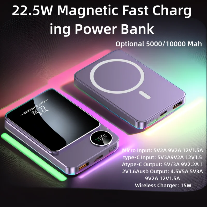 Suction Wireless Power Bank, with Led Power Display, Power 22.5 Watt/Pd15 Watt, Suitable for Apple 15Pro/14Max/13/12 and Android Phones (Usb/Type-C), 5000/10000 Mah, Portable Power Bank, Travel Backup Emergency Charger