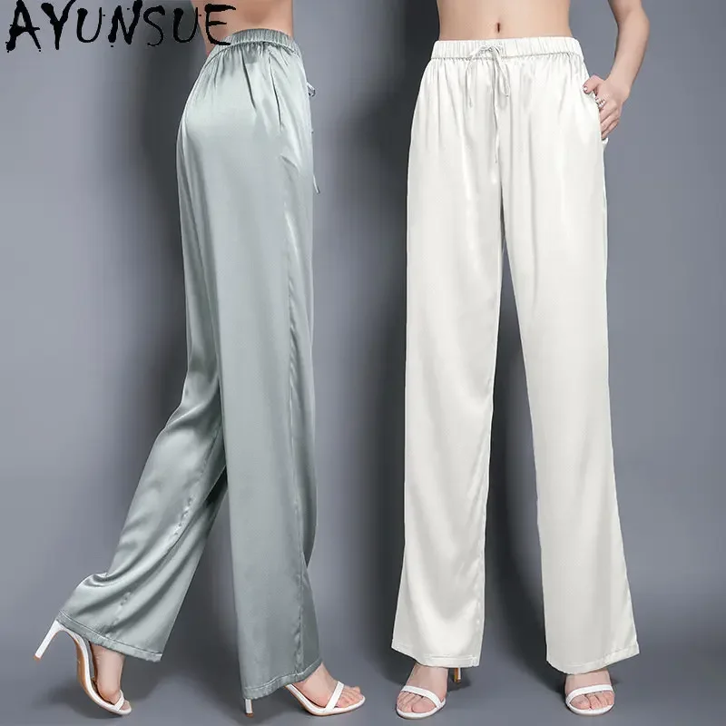 95% Mulberry Silk Pant Women's Casual Wide Leg Pants Heavyweight Silk Straight Leg Pants High Waist Loose Trousers Ropa De Mujer