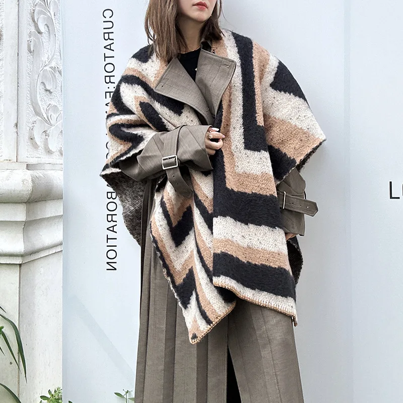 

New Ethnic Style Mongolian Poncho Winter Warm Imitation Cashmere Knitted Cape Striped Flounce Knitting Wraps Women Fashion Wh10
