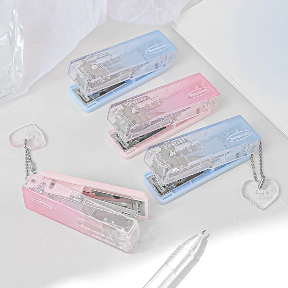 Lightweight Mini Cute Stapler Transparent Gradient Color Stationery Stapler with Pendant Bookbinding Tool Student Supplies