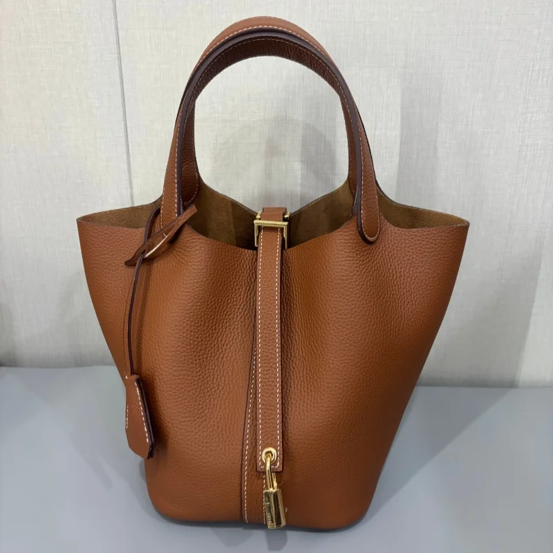 Luxury Large Capacity Genuine Leather Bucket Bag for Women, Full Grain Cowhide Fashion Handheld Tote Bag