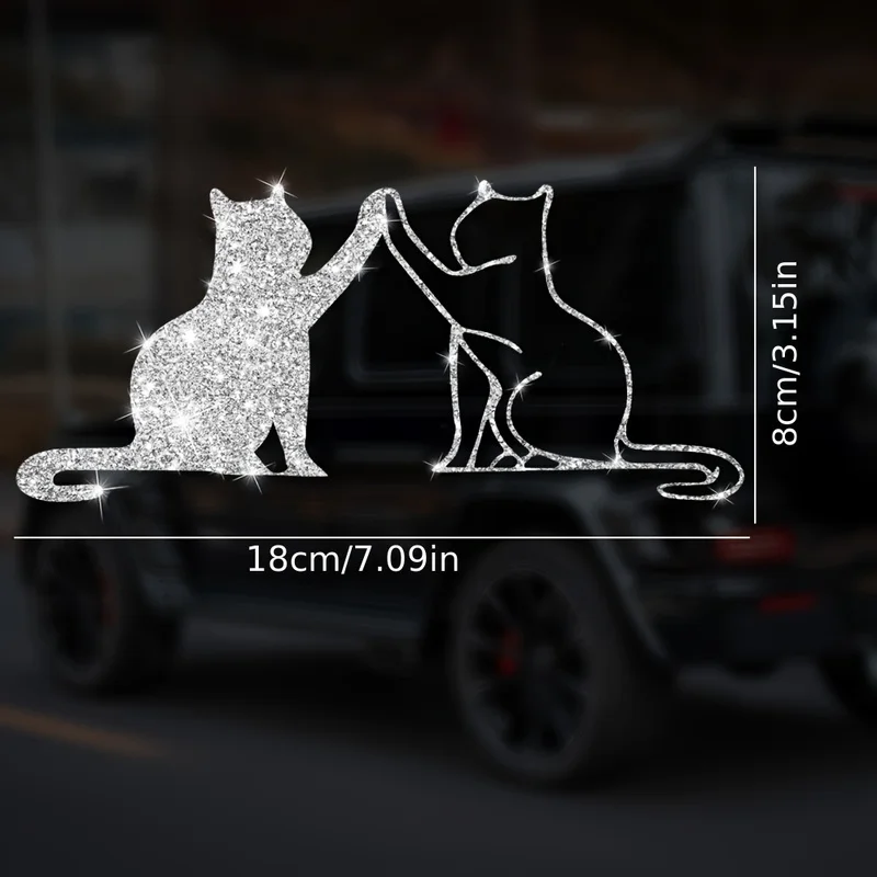 1pc Two Cute Cats Clapping Hands Pattern Car Sticker Glitter Car Decoration Reflective Sticker Car Window Glass Car Body Sticker