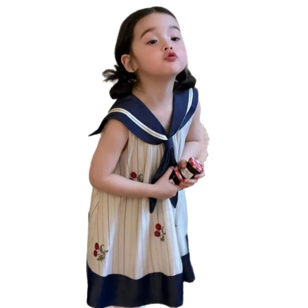 Korean version of girls 2026 summer new color matching bow navy collar dress baby girl loose striped skirt for 90-140cm