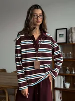 Wolfeel  Women's Vintage Inspired Retro Striped Polo Collar Oversized Drop Shoulder Long Sleeve  T-Shirt Trendy  Casual Top