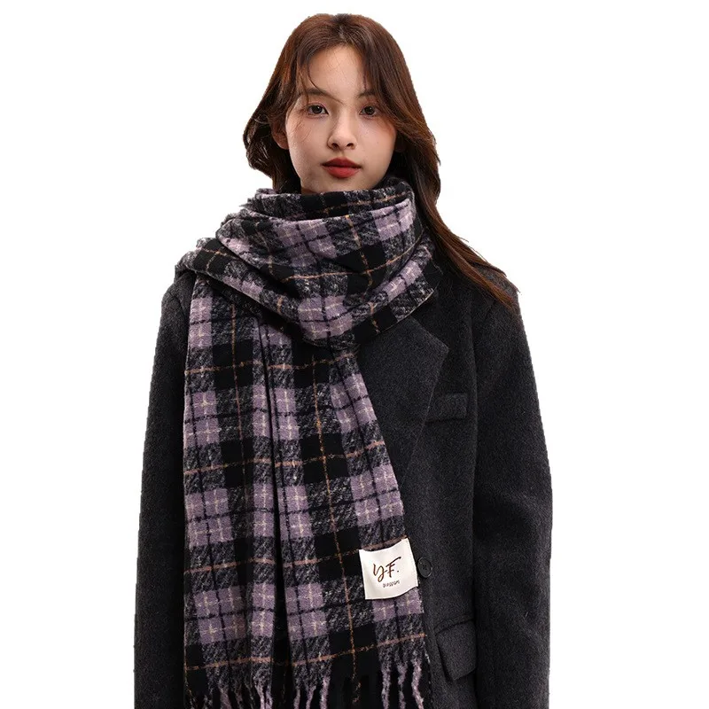 Purple Yam Luxury Scarf for Women, Winter Korean Style Versatile Plaid Shawl, Soft and Retro Warm Neck Warmer