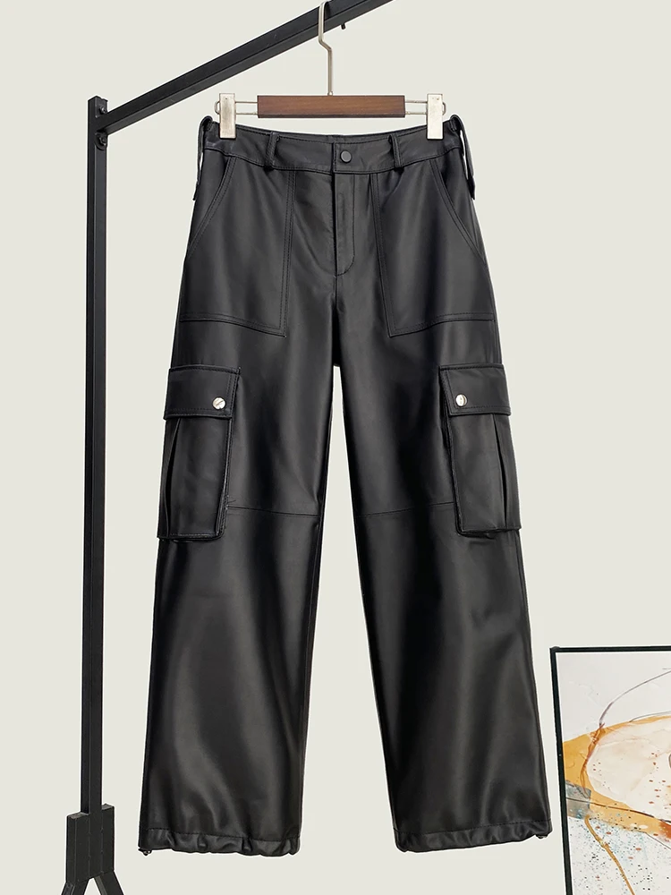 Winter New High Quality Genuine Real Leather Sheepskin Pants Women's Fashionable All-Match Waist Tooling Baggy Straight Trousers