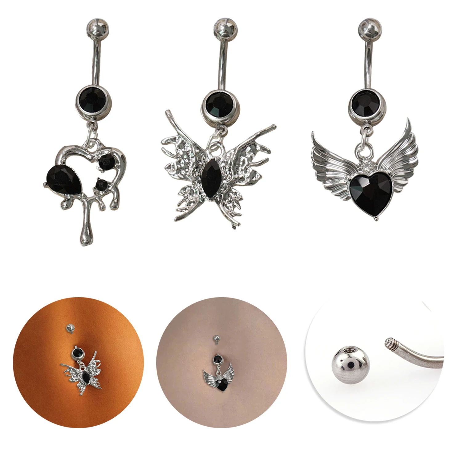 Black Belly Button Rings Gothic Belly Piercing Jewelry Stainless Steel Wing Butterfly Heart Navel Rings Body Jewelry