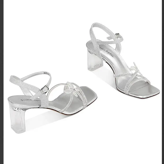 New high quality women's sandals summer square head bright diamond fashion crystal high heel design sense outside sandals