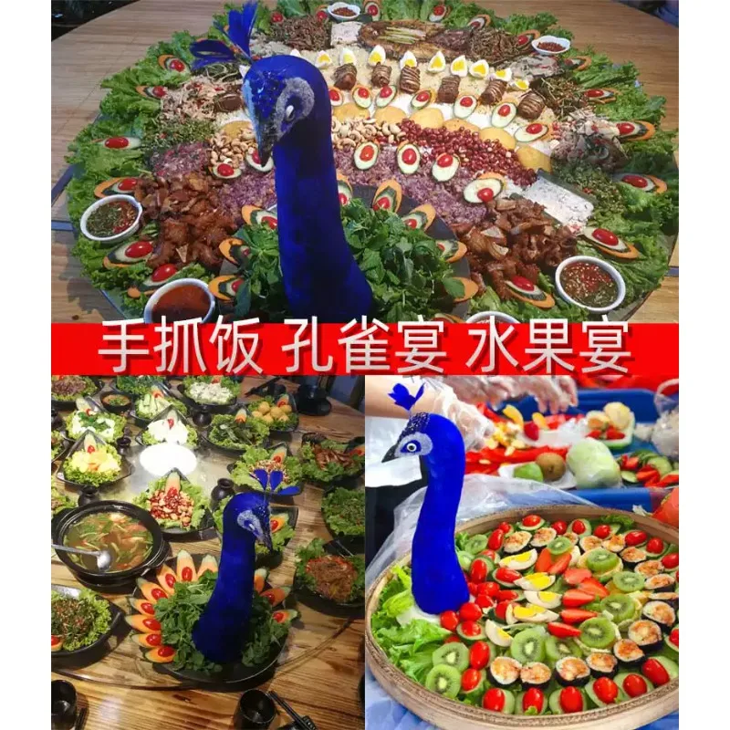 Simulation feather peacock head peacock feast hand-held rice fruit feast plate wedding banquet table props peacock head model