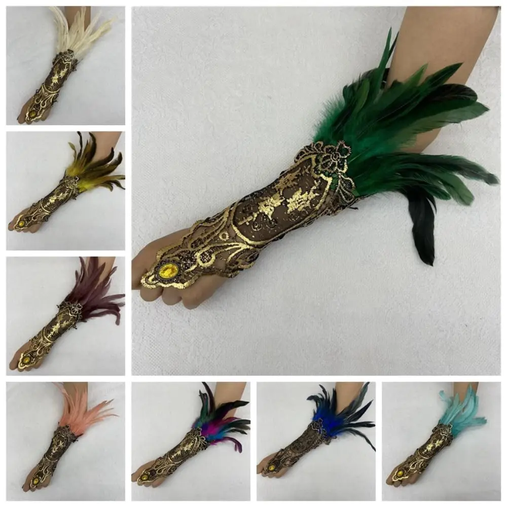 Creative Witch Halloween Feather Gloves Embroidery Gothic Halloween Feather Cuffs Dark Retro Halloween Wristband Cosplay Props