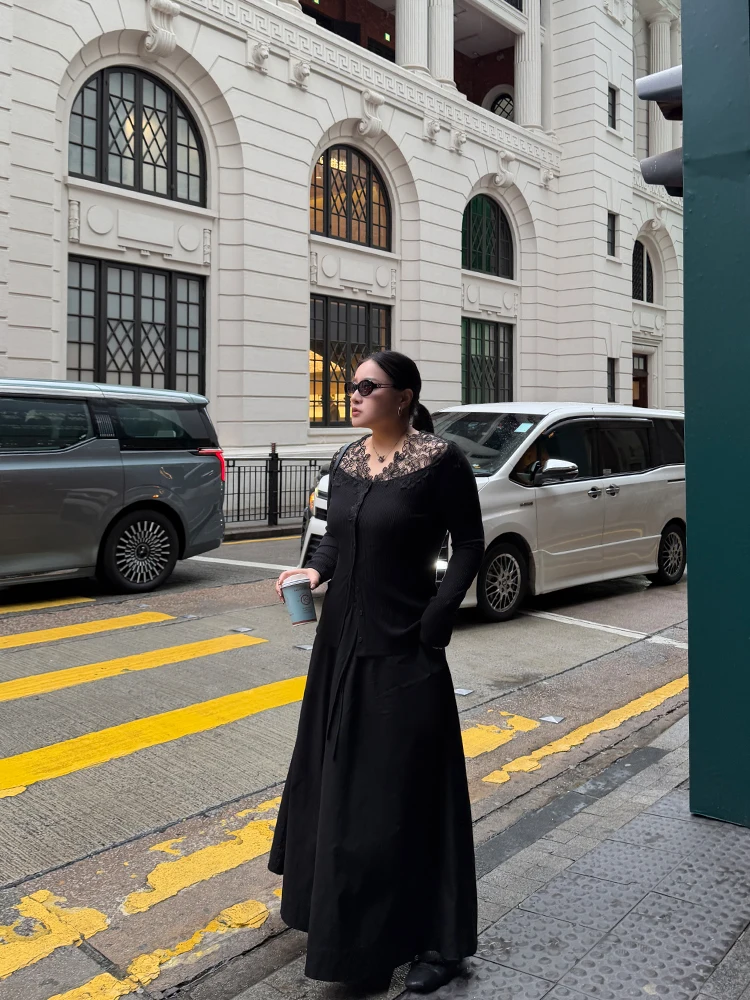 

plus Size Women's Lace Patchwork Hollow out Slimming Top French Style Loose Fit Long Sleeve Midi Dress Universal Size